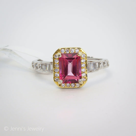 [JL-J02] Silver 925 Emerald Cut Pink Topaz Ring