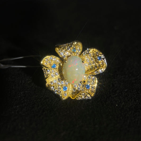 【JL-J10】S925 silver inlaid Opal ring flower shape