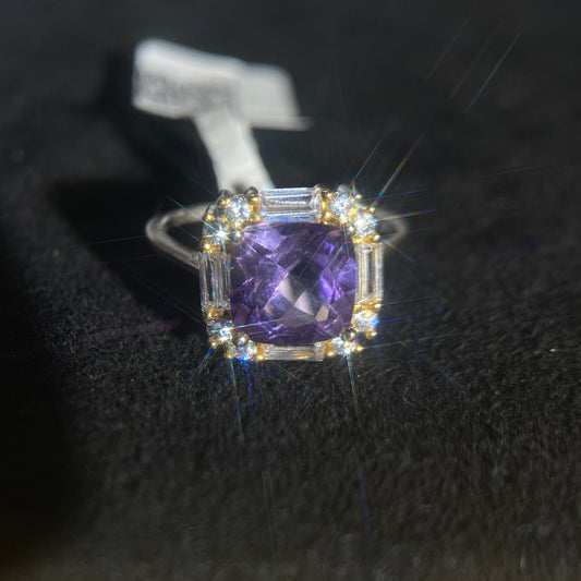 【JL-J24】S925 silver inlaid amethyst ring rounded square