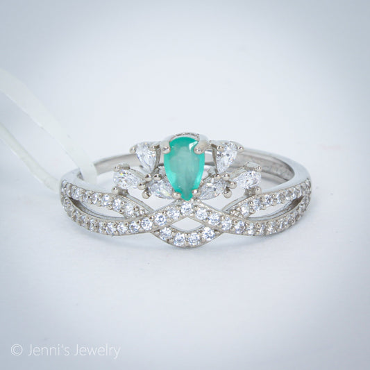 [JL-J34] Silver 925 Teardrop Crown Shaped Emerald Ring